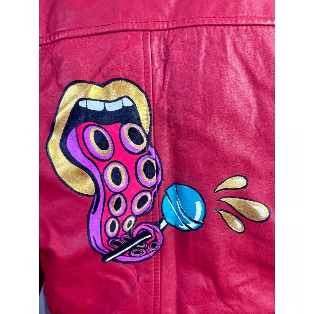 Danier Red Leather Bomber Jacket Graphic Pop Art Mouth Lollipop Vintage XS